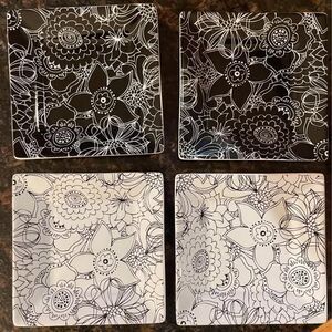 CYNTHIA ROWLEY 2PAIRS OF BLACK/WHITE CERAMIC FLORAL SQUARE APPETIZER PLATES